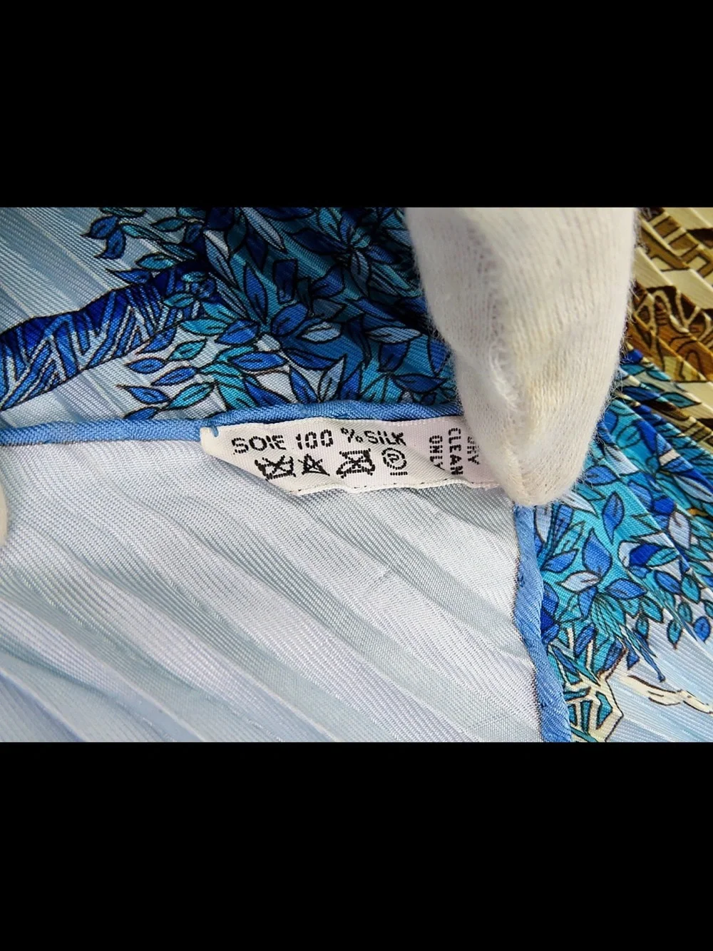 Hermes Light Blue & Gold Pleated Silk Scarf